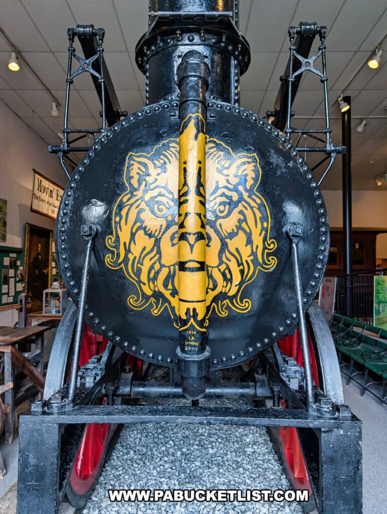Front view of the Stourbridge Lion replica locomotive on display at the Wayne County Historical Society Museum in Honesdale, Pennsylvania, featuring a bold yellow lion face design on the black boiler with red wheels visible beneath.