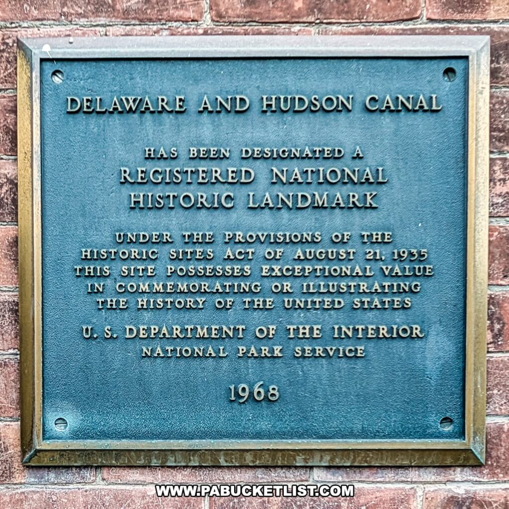 Plaque mounted on the exterior of the Wayne County Historical Society Museum in Honesdale, Pennsylvania, designating the Delaware and Hudson Canal as a Registered National Historic Landmark by the U.S. Department of the Interior in 1968.