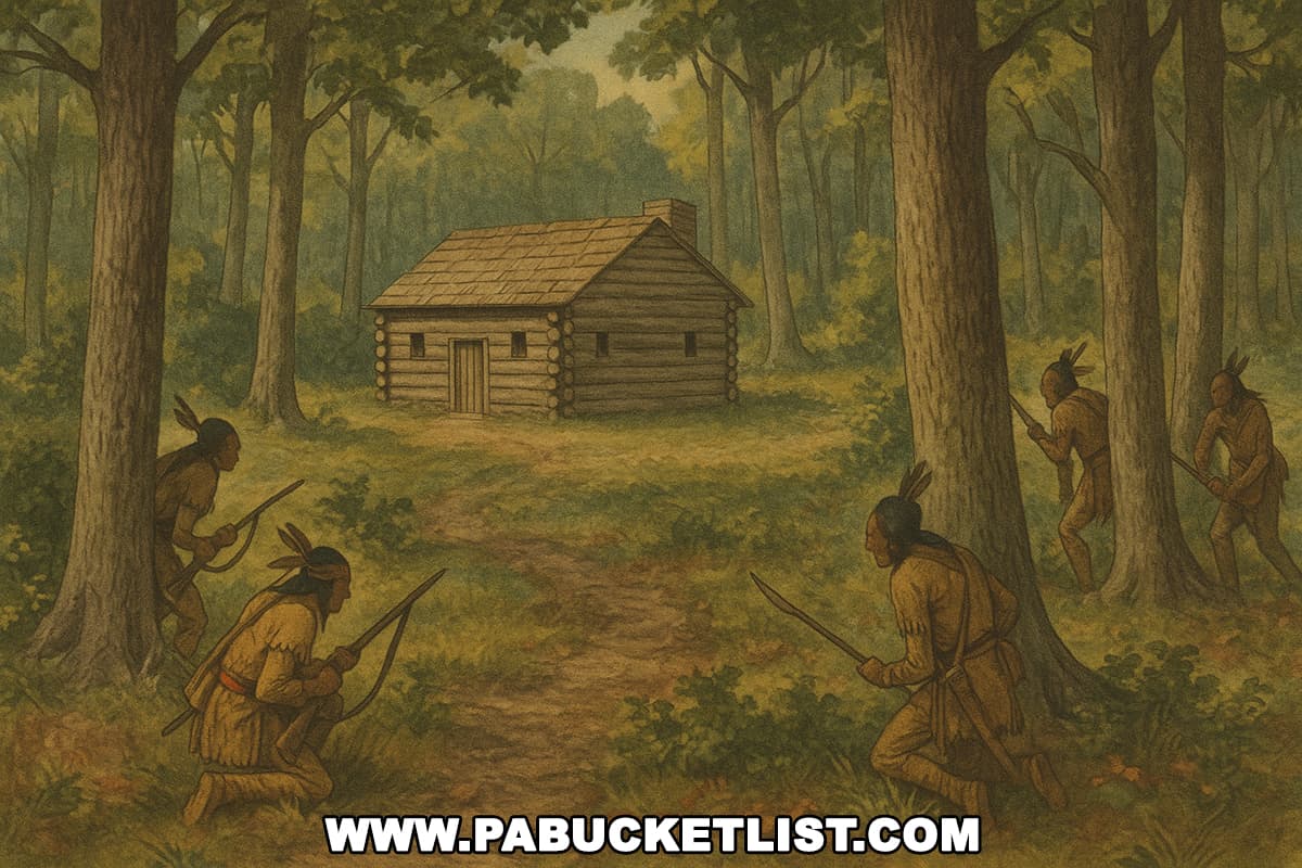 Artistic rendering of what the Heater homestead where Captain Phillips' Rangers had sought shelter might have looked like, surrounded by a Seneca war party.