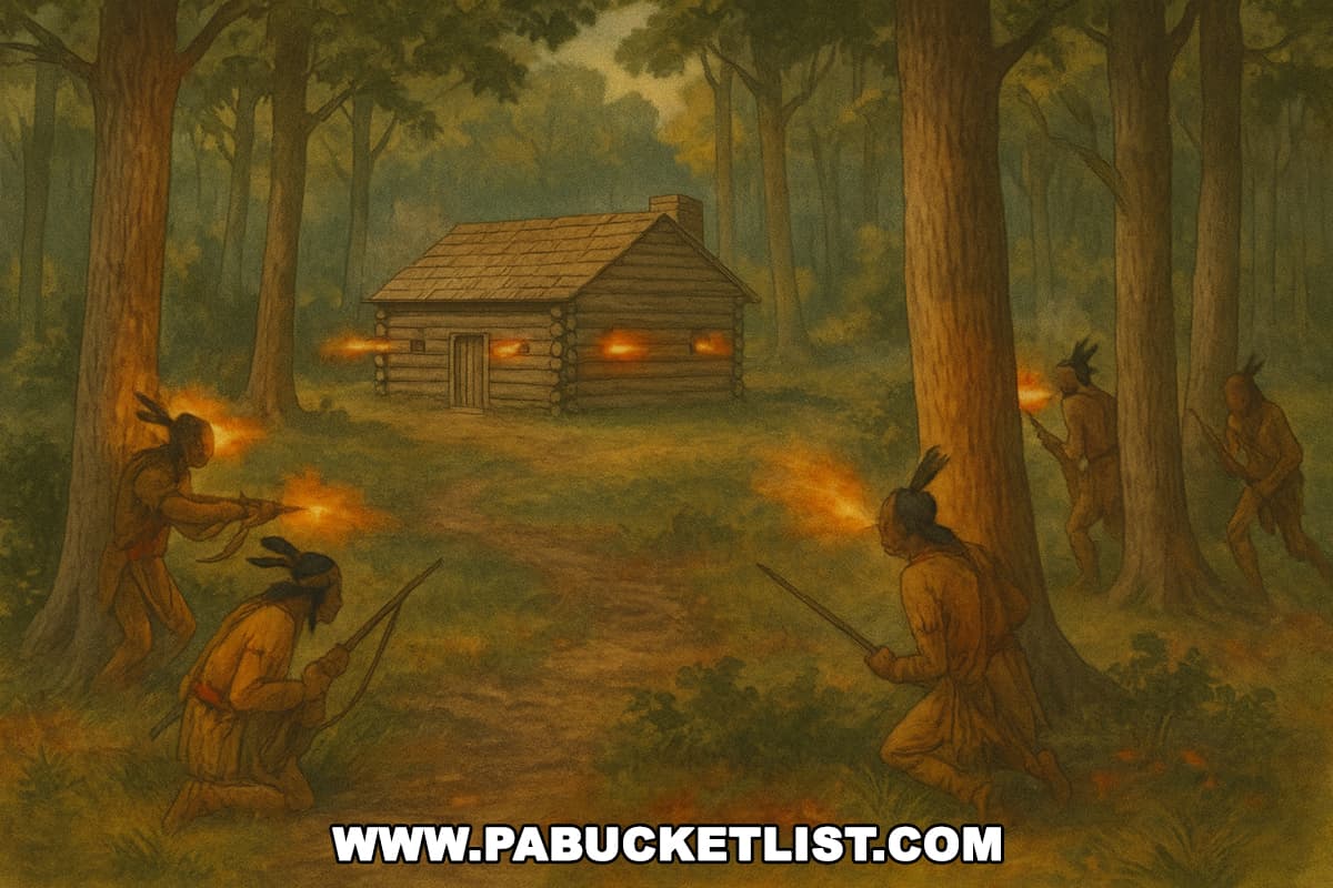 Artistic rendering of what the attack on the Heater homestead and Captain Phillips' Rangers might have looked like.