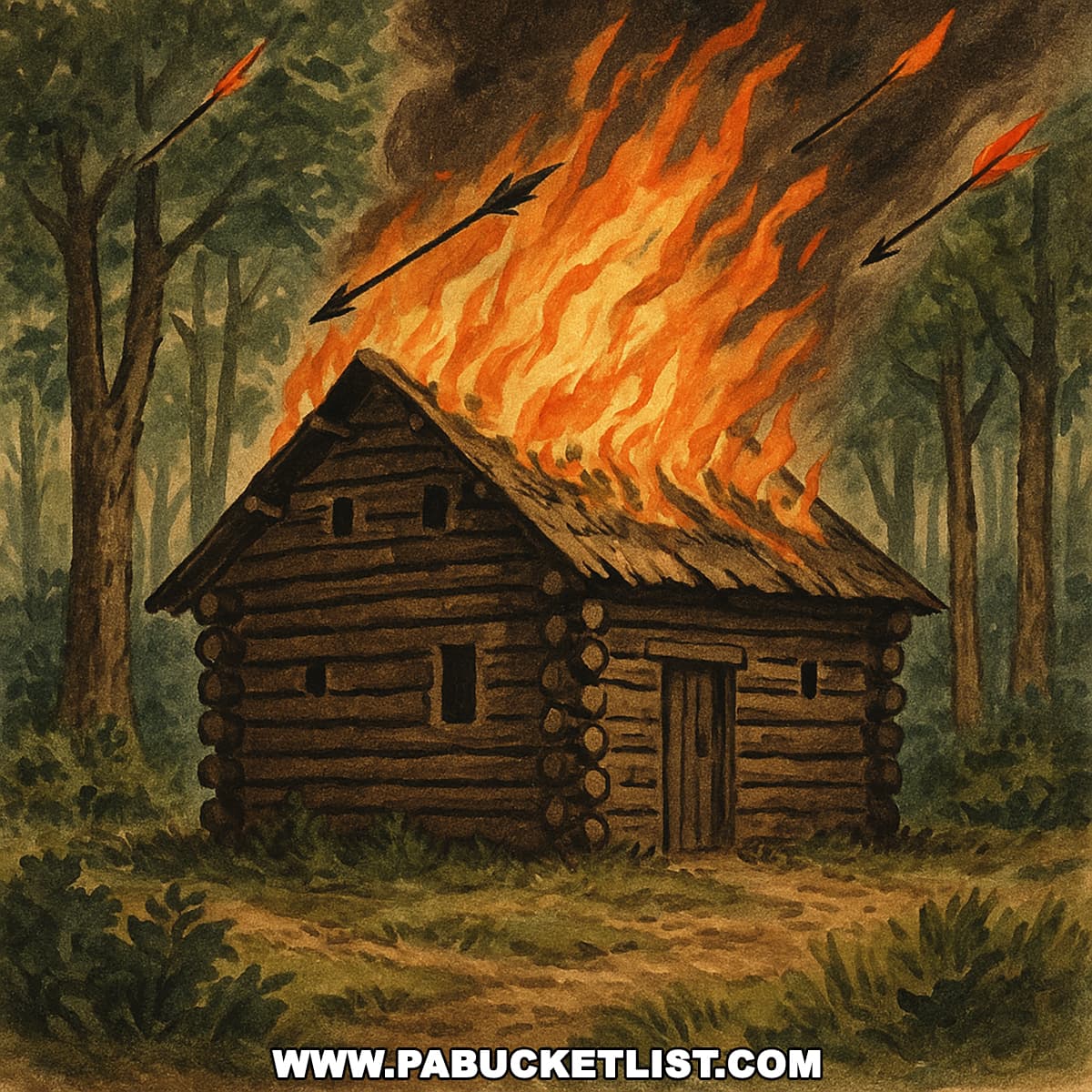 Artistic rendering of what the Heater homestead might have looked like once it was set on fire by flaming arrows.