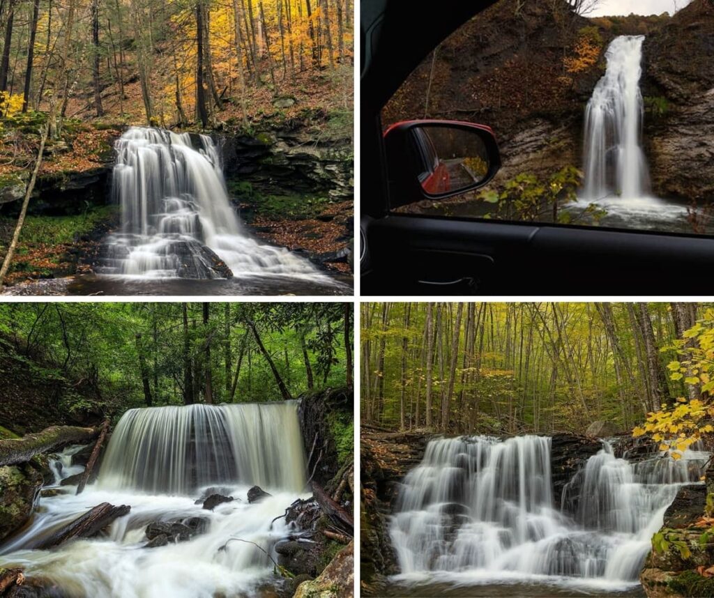 A collage featuring 4 of the best roadside waterfalls in Pennsylvania, including Dry Run Falls, Hinckston Run Falls, Table Falls, and Miners Run Falls.