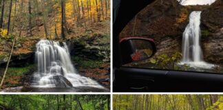 A collage featuring 4 of the best roadside waterfalls in Pennsylvania, including Dry Run Falls, Hinckston Run Falls, Table Falls, and Miners Run Falls.
