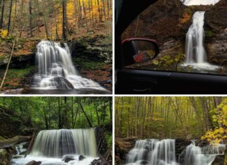 A collage featuring 4 of the best roadside waterfalls in Pennsylvania, including Dry Run Falls, Hinckston Run Falls, Table Falls, and Miners Run Falls.