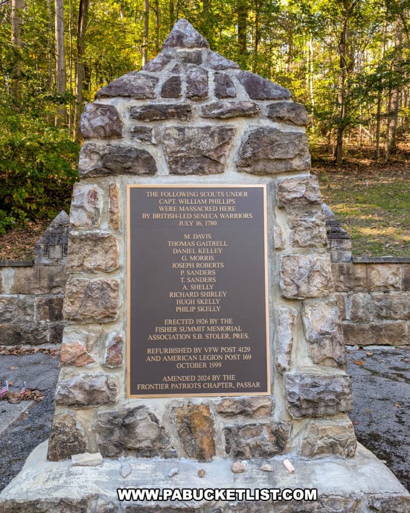 Stone monument at the Captain Phillips’ Rangers Memorial in Bedford County, Pennsylvania, featuring a bronze plaque listing the names of rangers killed by British-led Seneca warriors on July 16, 1780, surrounded by a wooded backdrop.