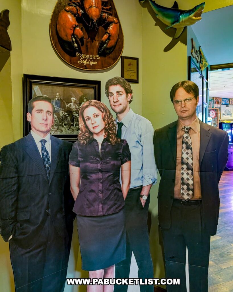 Cardboard cutouts of characters from *The Office* displayed inside Cooper’s Seafood House in Scranton, Pennsylvania, positioned beneath nautical decor including a mounted lobster and shark, celebrating the restaurant’s connection to the popular TV show.