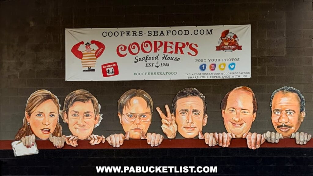 A mural on the exterior of Cooper’s Seafood House in Scranton, Pennsylvania, featuring cartoon-style portraits of characters from *The Office* beneath a banner promoting the restaurant and its connection to the show.