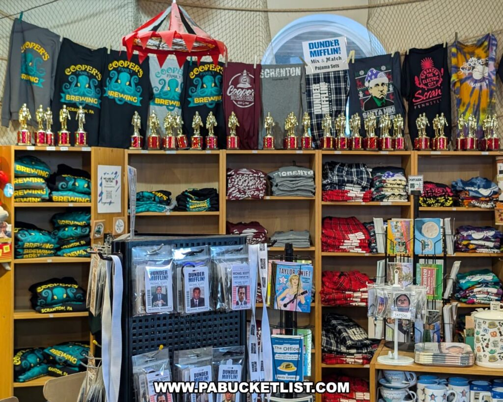 The gift shop inside Cooper’s Seafood House in Scranton, Pennsylvania, featuring shelves stocked with Cooper’s Brewing apparel, Dunder Mifflin merchandise, *The Office*-themed souvenirs, and rows of Dundie Award trophies.