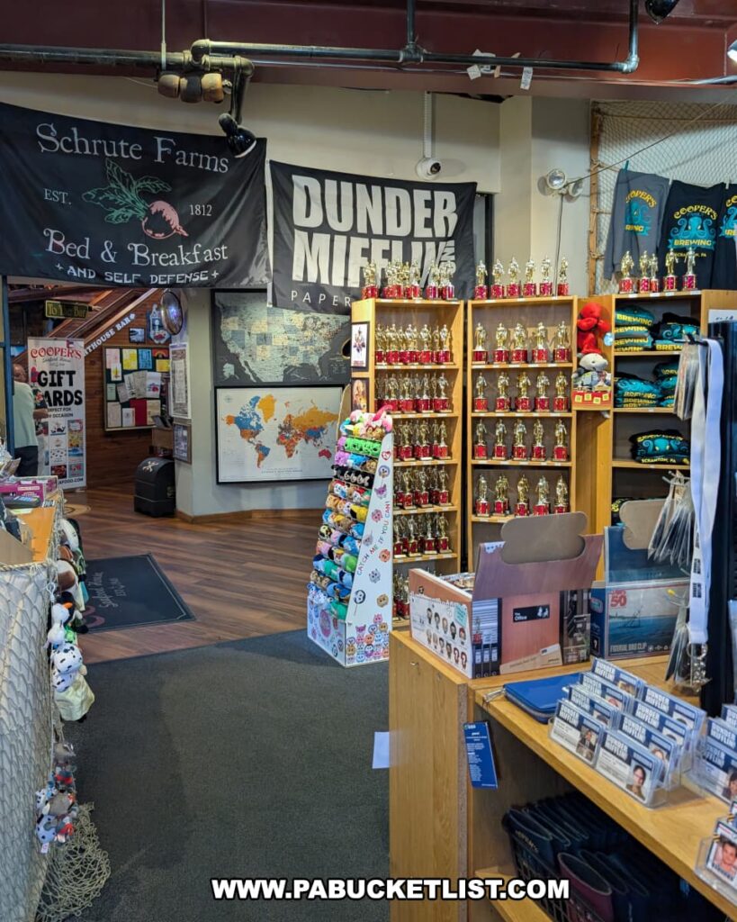 A section of the gift shop inside Cooper’s Seafood House in Scranton, Pennsylvania, displaying *The Office*-themed merchandise including Dunder Mifflin and Schrute Farms banners, shelves of Dundie Awards, and Cooper’s Brewing apparel.