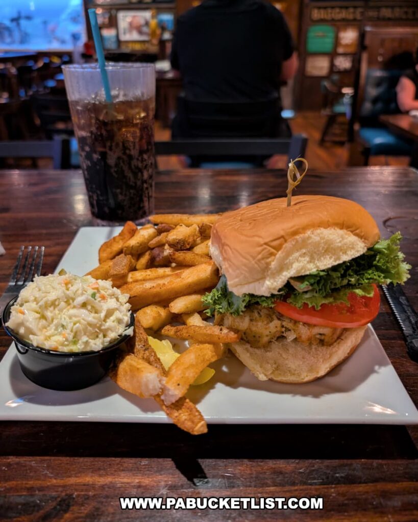 A seafood sandwich with lettuce and tomato served with seasoned fries, coleslaw, and a soft drink at Cooper’s Seafood House in Scranton, Pennsylvania, inside the restaurant’s nautical-themed dining room.