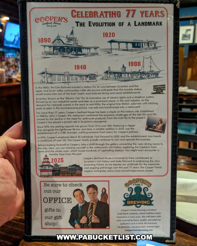 A close-up of a Cooper’s Seafood House menu page in Scranton, Pennsylvania, highlighting the restaurant’s 77-year history, illustrated timeline, and references to *The Office* gift shop alongside information about Cooper’s Family Brewing.