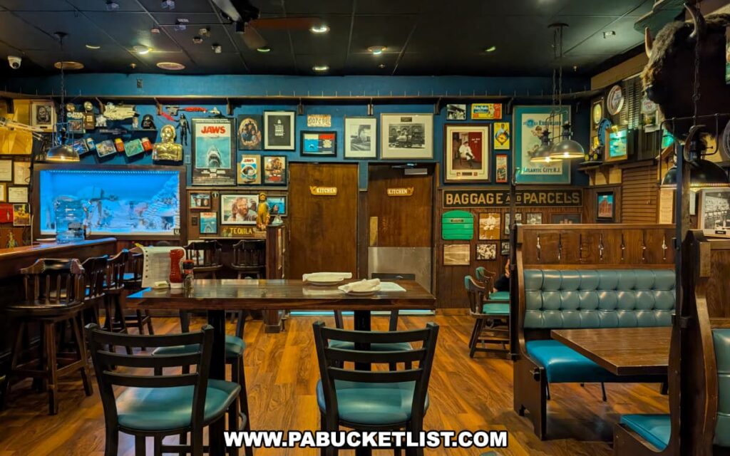 The bar and dining area inside Cooper’s Seafood House in Scranton, Pennsylvania, featuring teal booths, wooden tables, and walls filled with eclectic nautical and pop culture memorabilia, including *Jaws* posters and vintage photographs.