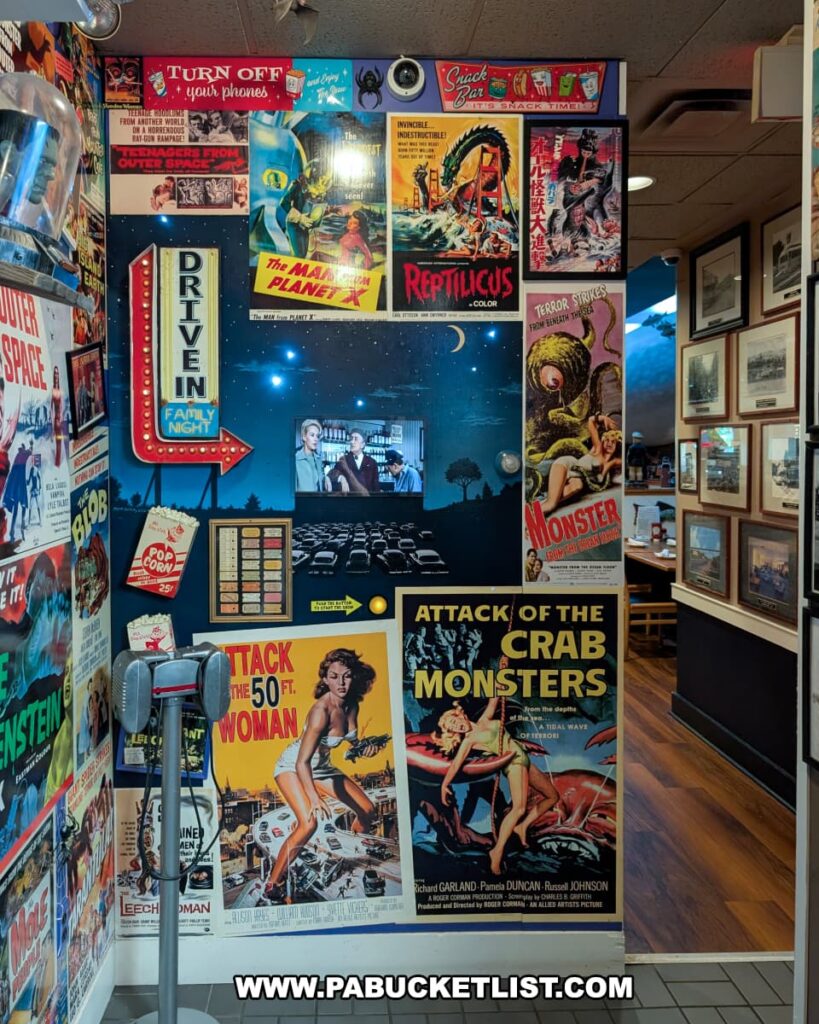A hallway inside Cooper’s Seafood House in Scranton, Pennsylvania, decorated with colorful vintage sci-fi and horror movie posters including *Attack of the Crab Monsters* and *Attack of the 50 Ft. Woman*, creating a nostalgic drive-in theater theme.