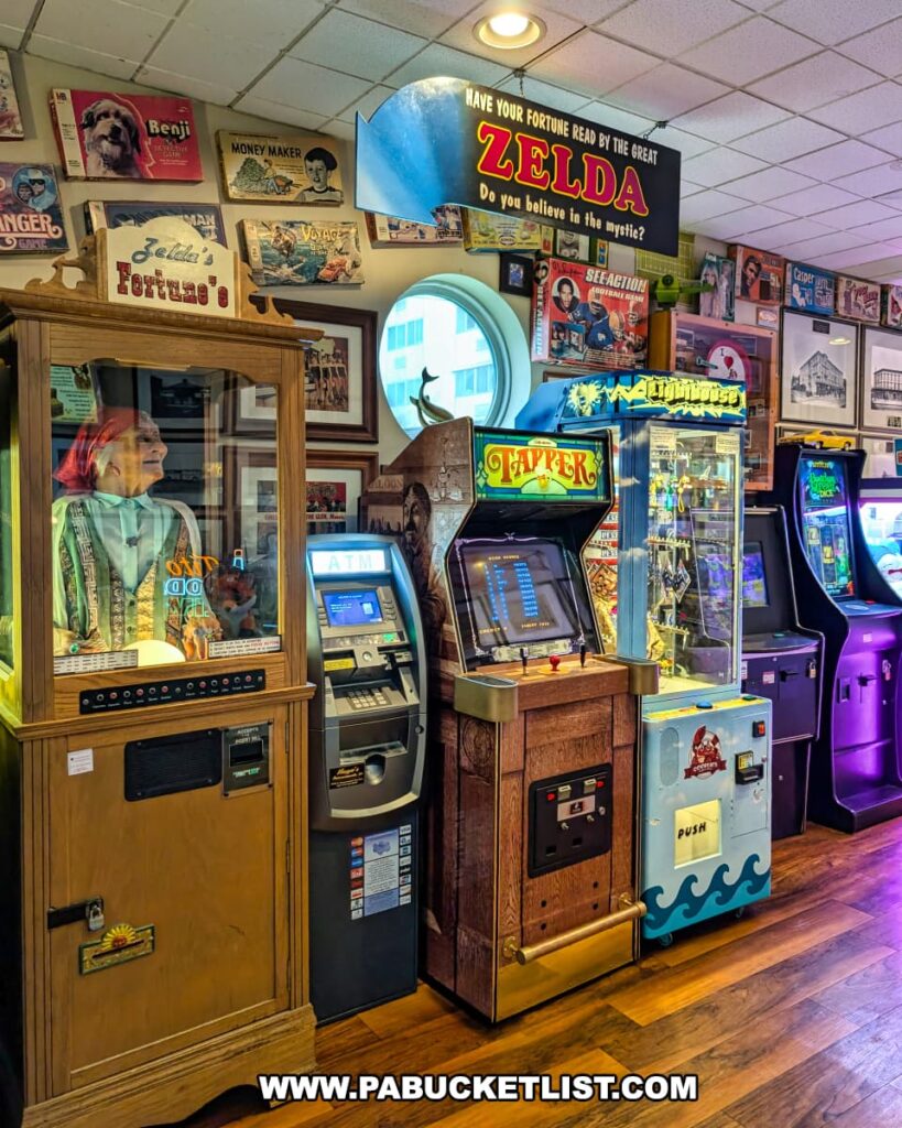 A nostalgic arcade area inside Cooper’s Seafood House in Scranton, Pennsylvania, featuring vintage games like *Tapper*, claw machines, and a fortune-telling machine named Zelda surrounded by retro decor and board game boxes.