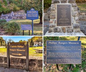 Collage of four images showing various views of the Captain Phillips’ Rangers Memorial in Bedford County, Pennsylvania, including the main stone monument listing the fallen rangers, the Pennsylvania historical marker, the modern directional sign along Route 26, and an informational plaque describing the July 16, 1780 massacre.