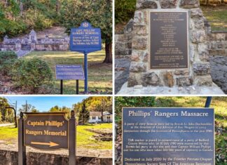 Exploring the Captain Phillips’ Rangers Memorial in Bedford County Collage of four images showing various views of the Captain Phillips’ Rangers Memorial in Bedford County, Pennsylvania, including the main stone monument listing the fallen rangers, the Pennsylvania historical marker, the modern directional sign along Route 26, and an informational plaque describing the July 16, 1780 massacre.