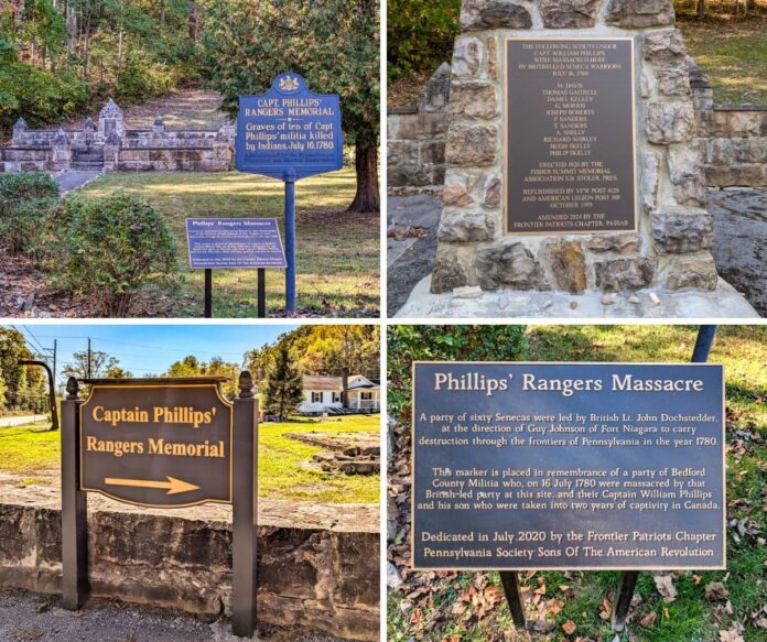 Exploring-Captain-Phillips-Rangers-Memorial-Bedford-County-PA Collage of four images showing various views of the Captain Phillips’ Rangers Memorial in Bedford County, Pennsylvania, including the main stone monument listing the fallen rangers, the Pennsylvania historical marker, the modern directional sign along Route 26, and an informational plaque describing the July 16, 1780 massacre.