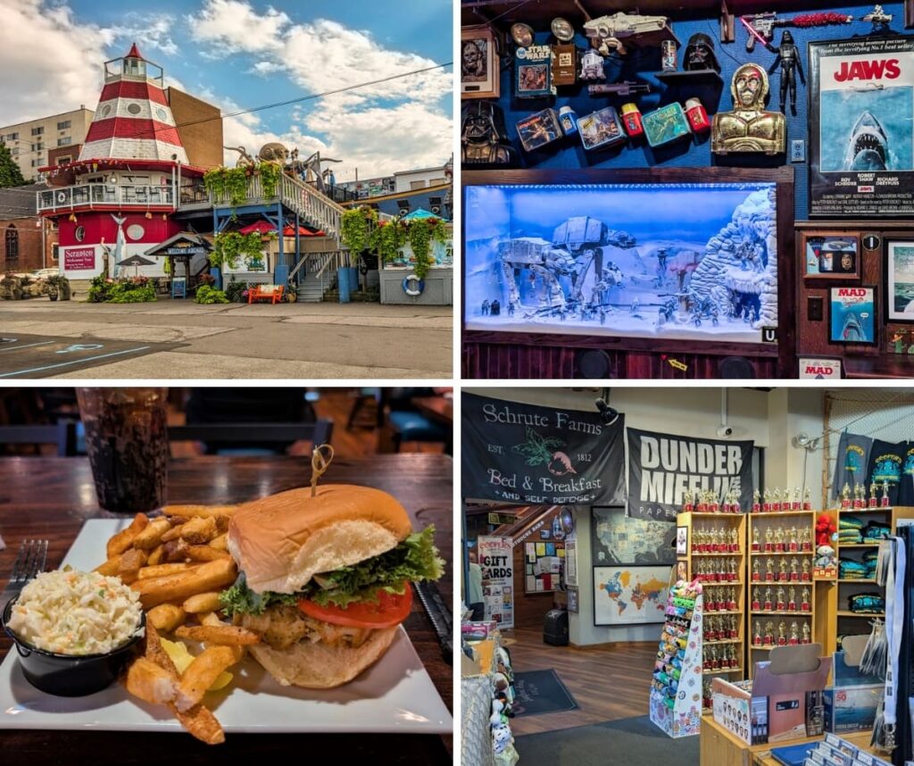 A collage of four images from Cooper’s Seafood House in Scranton, Pennsylvania, featuring the restaurant’s lighthouse-style exterior, a detailed Star Wars-themed display inside, a seafood sandwich meal with fries and coleslaw, and a gift shop filled with *The Office*-themed merchandise and Dundie trophies.