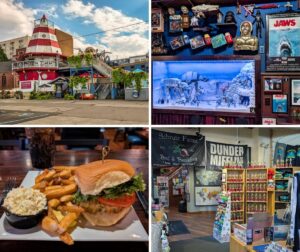 A collage of four images from Cooper’s Seafood House in Scranton, Pennsylvania, featuring the restaurant’s lighthouse-style exterior, a detailed Star Wars-themed display inside, a seafood sandwich meal with fries and coleslaw, and a gift shop filled with *The Office*-themed merchandise and Dundie trophies.