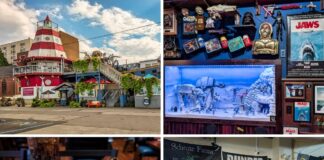 A collage of four images from Cooper’s Seafood House in Scranton, Pennsylvania, featuring the restaurant’s lighthouse-style exterior, a detailed Star Wars-themed display inside, a seafood sandwich meal with fries and coleslaw, and a gift shop filled with *The Office*-themed merchandise and Dundie trophies.