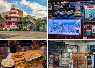 Cooper’s Seafood House in Scranton: Dundie-Worthy Eats A collage of four images from Cooper’s Seafood House in Scranton, Pennsylvania, featuring the restaurant’s lighthouse-style exterior, a detailed Star Wars-themed display inside, a seafood sandwich meal with fries and coleslaw, and a gift shop filled with *The Office*-themed merchandise and Dundie trophies.