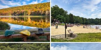 Collage of four photos showcasing Poe Valley State Park in Centre County, including colorful fall reflections on Poe Lake with canoes in the foreground, a sandy beach filled with summer visitors, the rustic lakeside lodge surrounded by forest, and a quiet shoreline view framed by autumn foliage and blue skies.