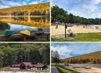 Exploring Poe Valley State Park in Centre County Collage of four photos showcasing Poe Valley State Park in Centre County, including colorful fall reflections on Poe Lake with canoes in the foreground, a sandy beach filled with summer visitors, the rustic lakeside lodge surrounded by forest, and a quiet shoreline view framed by autumn foliage and blue skies.