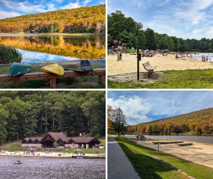 Collage of four photos showcasing Poe Valley State Park in Centre County, including colorful fall reflections on Poe Lake with canoes in the foreground, a sandy beach filled with summer visitors, the rustic lakeside lodge surrounded by forest, and a quiet shoreline view framed by autumn foliage and blue skies.