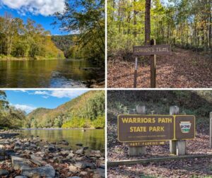 A collage of four images from Warriors Path State Park in Bedford County, Pennsylvania, featuring scenic views of the Raystown Branch of the Juniata River, the Warrior’s Trail sign along a wooded path, a rocky riverbank with forested hills in the background, and the park entrance sign along the main road.