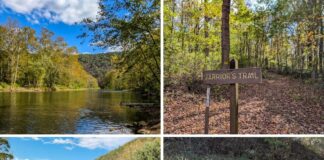 A collage of four images from Warriors Path State Park in Bedford County, Pennsylvania, featuring scenic views of the Raystown Branch of the Juniata River, the Warrior’s Trail sign along a wooded path, a rocky riverbank with forested hills in the background, and the park entrance sign along the main road.