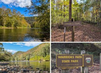 Exploring Warriors Path State Park in Bedford County A collage of four images from Warriors Path State Park in Bedford County, Pennsylvania, featuring scenic views of the Raystown Branch of the Juniata River, the Warrior’s Trail sign along a wooded path, a rocky riverbank with forested hills in the background, and the park entrance sign along the main road.