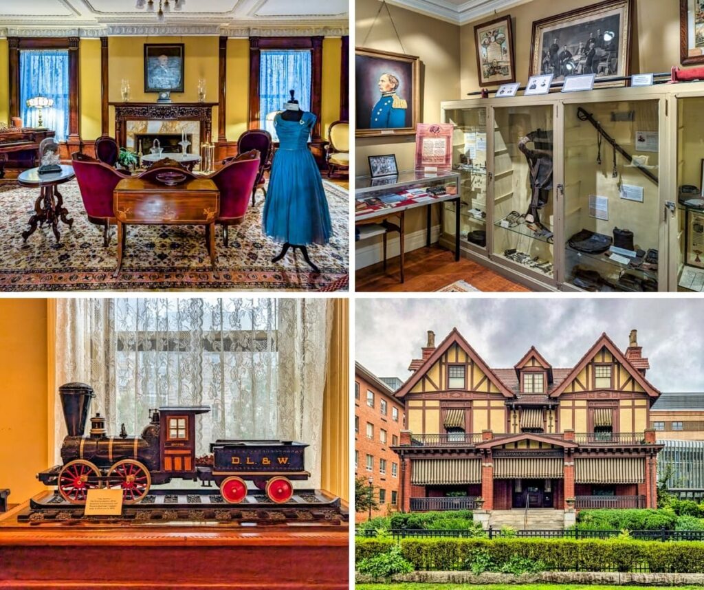 Collage of four photos from the Lackawanna Historical Society Museum in Scranton, Pennsylvania, housed in the historic Tudor Revival–style Catlin House. The images show the museum’s Victorian parlor with antique furnishings and a blue gown on display, a Civil War exhibit with artifacts and portraits, a model of the D.L.&W. locomotive “Spyfire,” and the elegant exterior of the Catlin House, reflecting the region’s rich cultural, industrial, and architectural history.