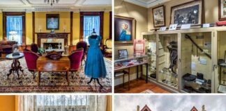 Collage of four photos from the Lackawanna Historical Society Museum in Scranton, Pennsylvania, housed in the historic Tudor Revival–style Catlin House. The images show the museum’s Victorian parlor with antique furnishings and a blue gown on display, a Civil War exhibit with artifacts and portraits, a model of the D.L.&W. locomotive “Spyfire,” and the elegant exterior of the Catlin House, reflecting the region’s rich cultural, industrial, and architectural history.
