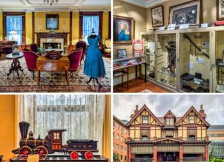 Exploring the Lackawanna Historical Society Museum in Scranton Collage of four photos from the Lackawanna Historical Society Museum in Scranton, Pennsylvania, housed in the historic Tudor Revival–style Catlin House. The images show the museum’s Victorian parlor with antique furnishings and a blue gown on display, a Civil War exhibit with artifacts and portraits, a model of the D.L.&W. locomotive “Spyfire,” and the elegant exterior of the Catlin House, reflecting the region’s rich cultural, industrial, and architectural history.