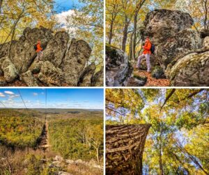 A collage of four autumn photos from the Rocky Ridge Natural Area in Huntingdon County, Pennsylvania, featuring a hiker exploring the massive limestone pillars of the Three Sisters Rock Formation, a sweeping forested vista from a powerline overlook, and golden foliage viewed from beneath the tall trees.