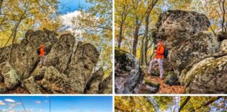 A collage of four autumn photos from the Rocky Ridge Natural Area in Huntingdon County, Pennsylvania, featuring a hiker exploring the massive limestone pillars of the Three Sisters Rock Formation, a sweeping forested vista from a powerline overlook, and golden foliage viewed from beneath the tall trees.