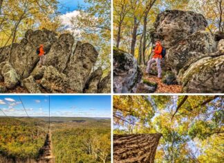 A collage of four autumn photos from the Rocky Ridge Natural Area in Huntingdon County, Pennsylvania, featuring a hiker exploring the massive limestone pillars of the Three Sisters Rock Formation, a sweeping forested vista from a powerline overlook, and golden foliage viewed from beneath the tall trees.