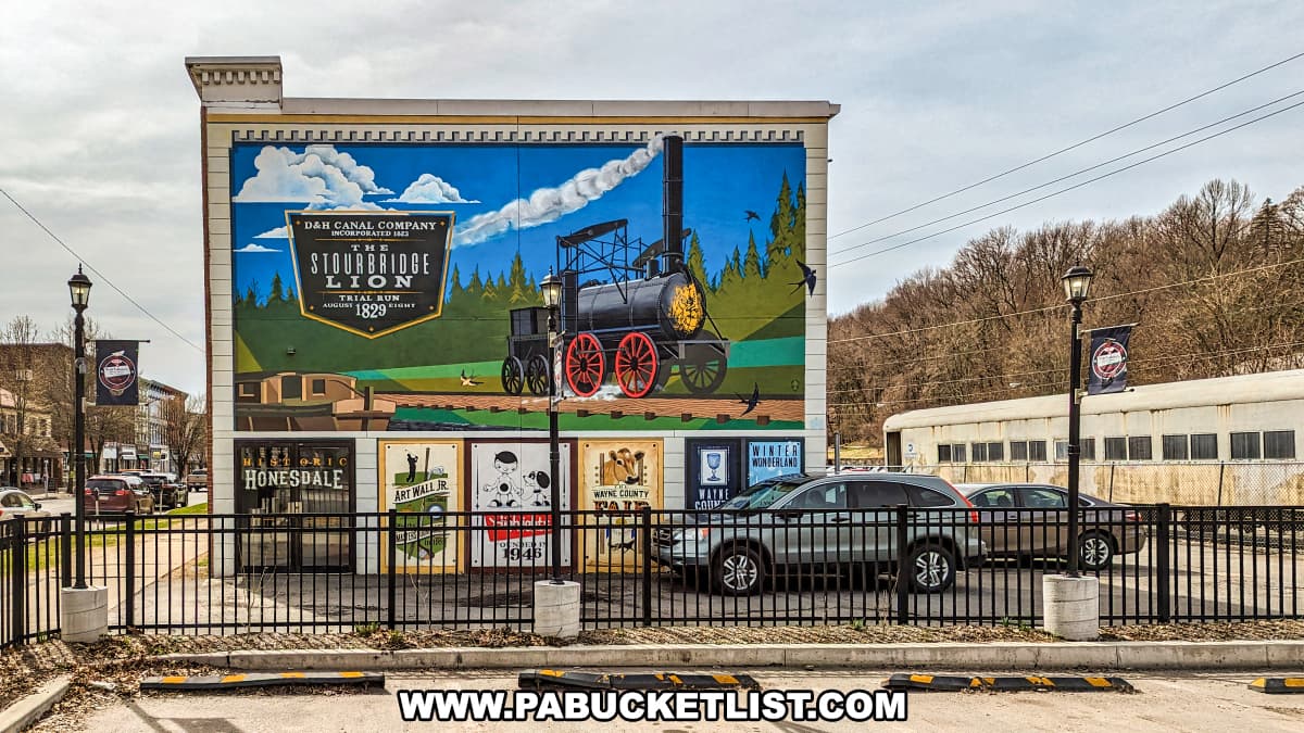 Colorful mural in downtown Honesdale, Pennsylvania depicting the Stourbridge Lion, the first commercial steam locomotive to run on rails in the United States. The mural features the black and red locomotive against a bright blue sky and green hills, with banners referencing the D&H Canal Company and the locomotive’s 1829 trial run. Cars are parked in front of the mural, and historic-style street lamps and banners line the street nearby.