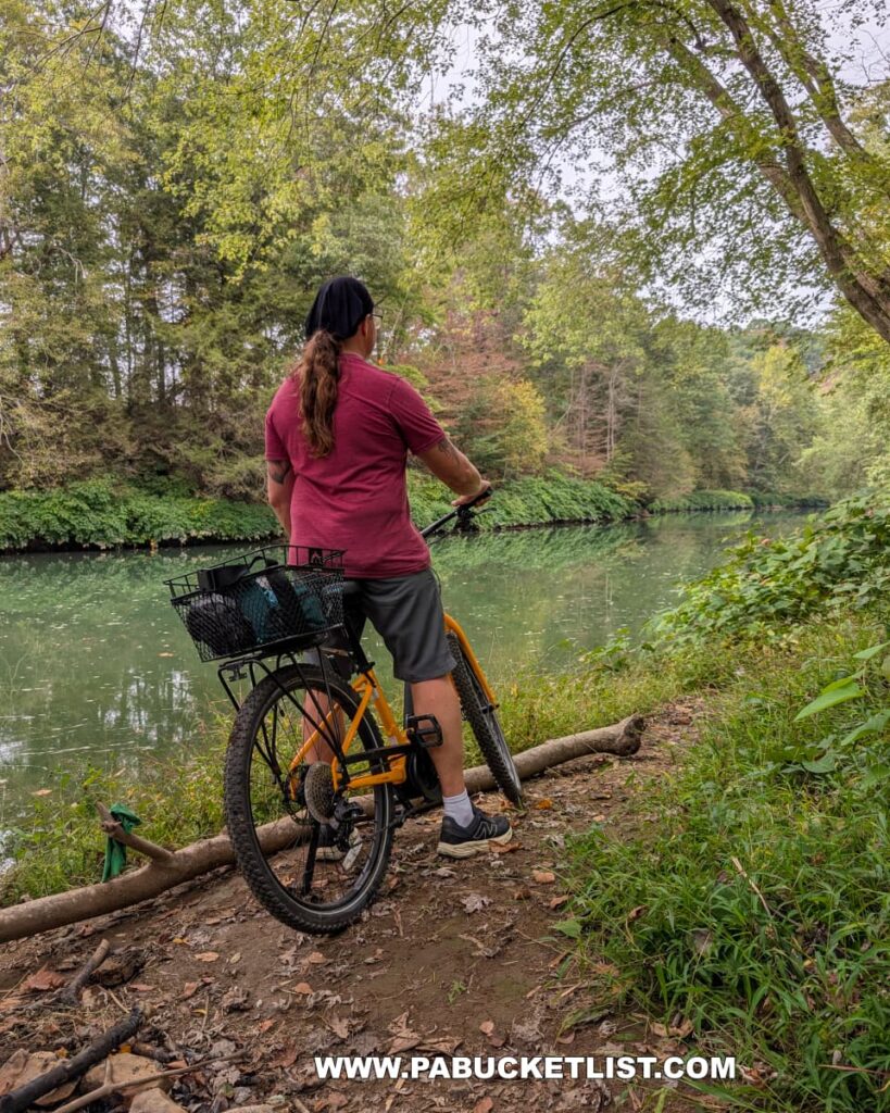 A cyclist wearing a red shirt and black shorts stands beside a bright yellow bicycle on the banks of Black Lick Creek along the Hoodlebug Trail in Indiana County, Pennsylvania. The calm, greenish water reflects the surrounding trees, which display a mix of summer and early autumn foliage. Fallen leaves and branches line the dirt path near the water’s edge, creating a peaceful scene. This tranquil stretch of the 10-mile rail trail follows the former Pennsylvania Railroad’s Indiana Branch, once used by the self-propelled “Hoodlebug” passenger coach.