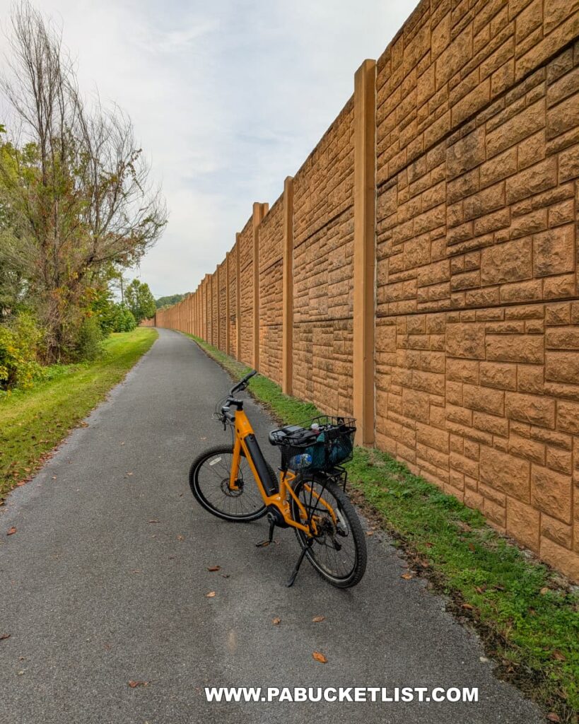 A bright yellow bicycle rests on the paved Hoodlebug Trail beside a tall tan noise barrier wall near Route 119 in Indiana County, Pennsylvania. The trail stretches straight into the distance, bordered by green grass and trees on one side and the textured wall on the other. Fallen leaves dot the smooth asphalt path under an overcast sky. This section of the 10-mile rail trail follows the former Pennsylvania Railroad’s Indiana Branch, once used by the self-propelled “Hoodlebug” passenger coach.