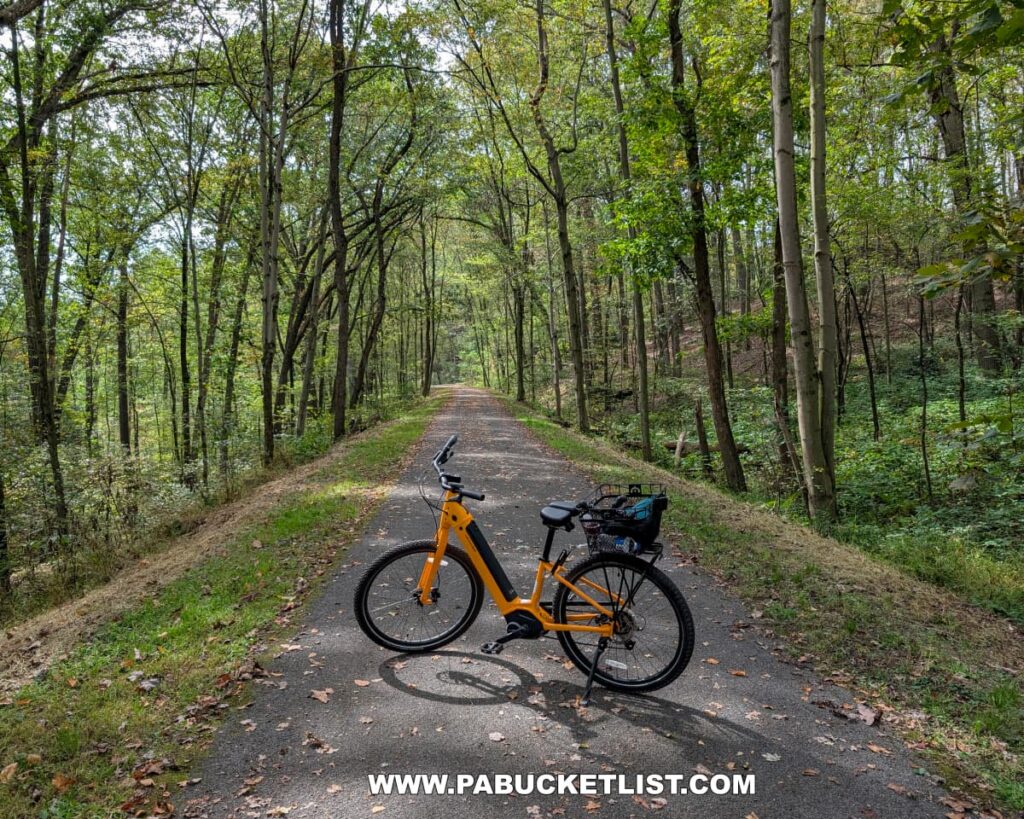A bright yellow bicycle rests on the paved Hoodlebug Trail surrounded by a dense canopy of trees in Indiana County, Pennsylvania. Sunlight filters through the leaves, casting dappled light across the path, which stretches straight into the distance through a peaceful forest setting. Fallen leaves hint at the start of autumn along this scenic 10-mile rail trail that follows the former Pennsylvania Railroad’s Indiana Branch, once used by the self-propelled “Hoodlebug” passenger coach.