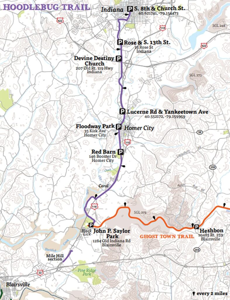 A map of the Hoodlebug Trail in INdiana County showing all the official trailheads and parking areas along the trail.