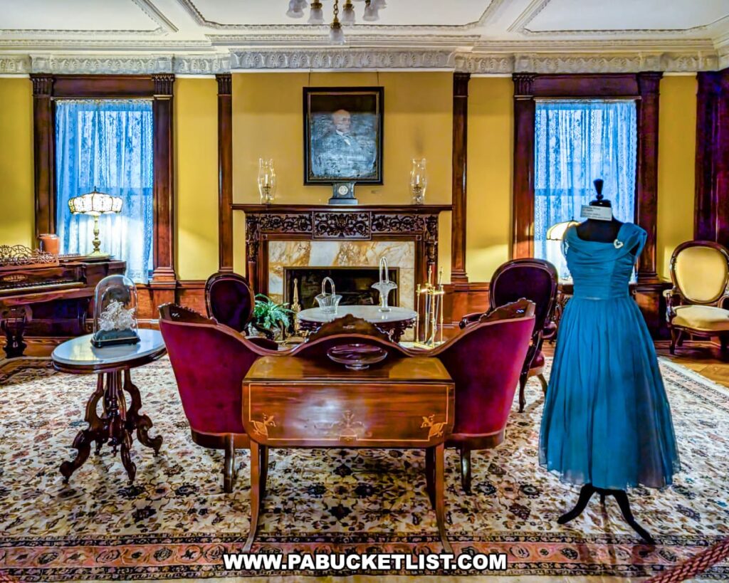 Elegant Victorian-era parlor inside the Catlin House, home of the Lackawanna Historical Society Museum in Scranton, Pennsylvania. The room features ornate wood trim, a carved fireplace mantel, antique furniture with red velvet upholstery, lace-curtained windows, and a vintage blue dress displayed on a mannequin, capturing the refined style of Scranton’s early 20th-century elite.