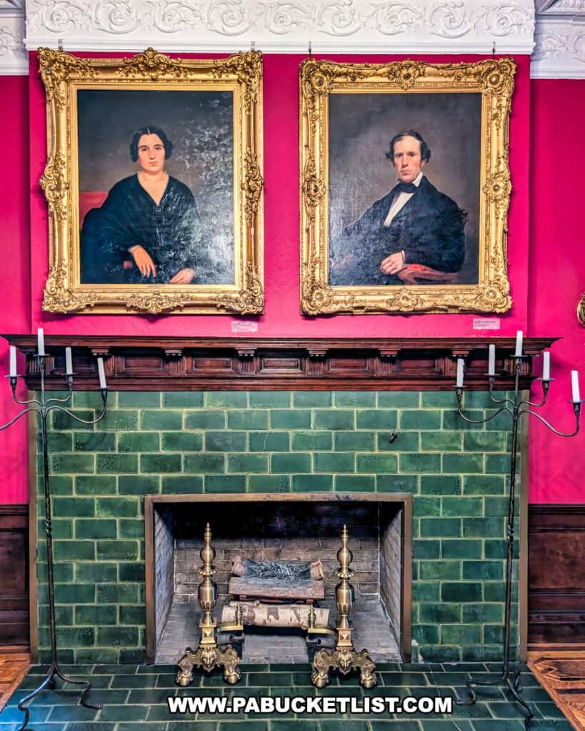 Ornate fireplace display inside the Catlin House, home of the Lackawanna Historical Society Museum in Scranton, Pennsylvania. The scene features a green-tiled hearth with brass andirons beneath two gilded framed portraits of George and Helen Catlin, set against a bold red wall with intricate crown molding, showcasing the home’s elegant early 20th-century craftsmanship.