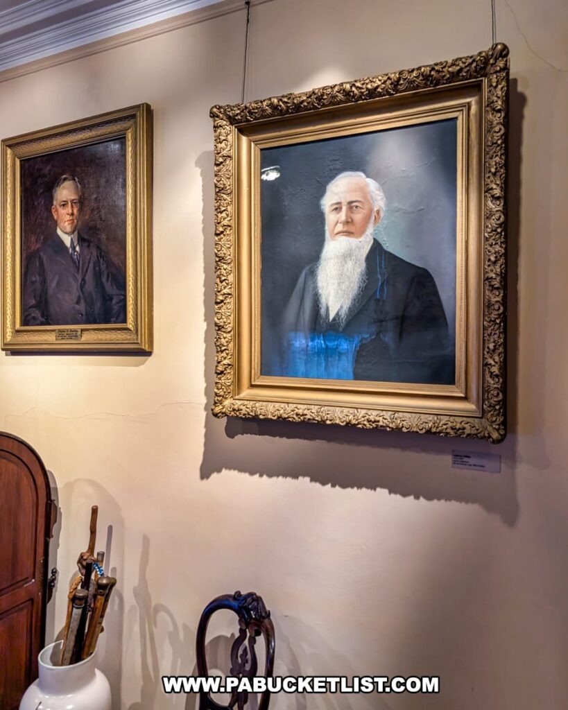 Two framed portraits displayed on a beige wall inside the Lackawanna Historical Society Museum in Scranton, Pennsylvania. The larger portrait shows an older man with a long white beard wearing a dark suit, while the smaller one depicts a man in a suit and tie; both are set in ornate gold frames. A white ceramic umbrella stand filled with walking sticks and a carved wooden chair sit beneath the paintings, completing the historic interior display.