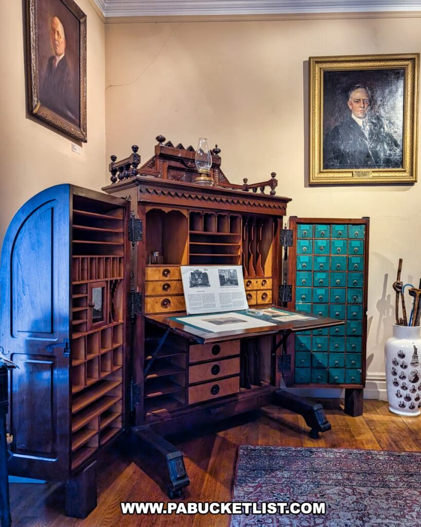 Exhibit room inside the Lackawanna Historical Society Museum in Scranton, Pennsylvania, featuring an intricately carved wooden roll-top desk filled with drawers, cubbies, and display materials. An antique green cabinet with small labeled drawers stands beside it, while portraits of prominent Scranton figures hang on the cream-colored walls above. The historic furnishings and decor reflect the museum’s mission to preserve the legacy of local business and community leaders from the city’s early days.