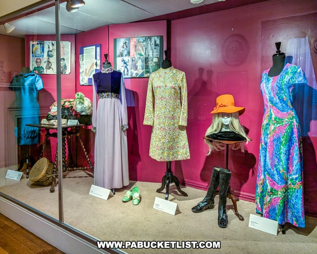 Fashion exhibit inside the Lackawanna Historical Society Museum in Scranton, Pennsylvania, showcasing vintage women’s clothing and accessories from the mid-20th century. The display includes colorful dresses, a bright orange hat with long blonde wig, black boots, and period magazines from *LIFE* and *Vogue*, all set against a deep red backdrop highlighting Scranton’s cultural and social history.