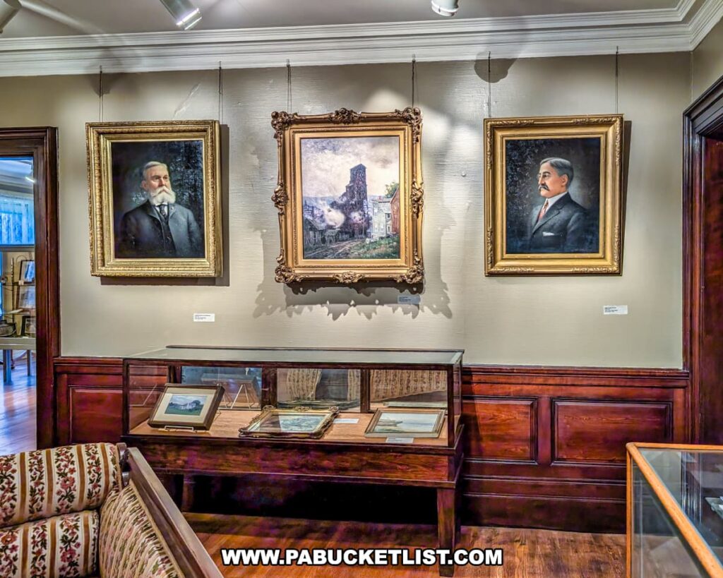 Art and history exhibit inside the Lackawanna Historical Society Museum in Scranton, Pennsylvania, featuring two formal portraits of distinguished men flanking a central painting of an industrial coal scene. Beneath the framed artwork sits a wooden display case filled with historic photographs and documents, all set against elegant wood-paneled walls that reflect the Catlin House’s early 20th-century craftsmanship and Scranton’s rich industrial heritage.