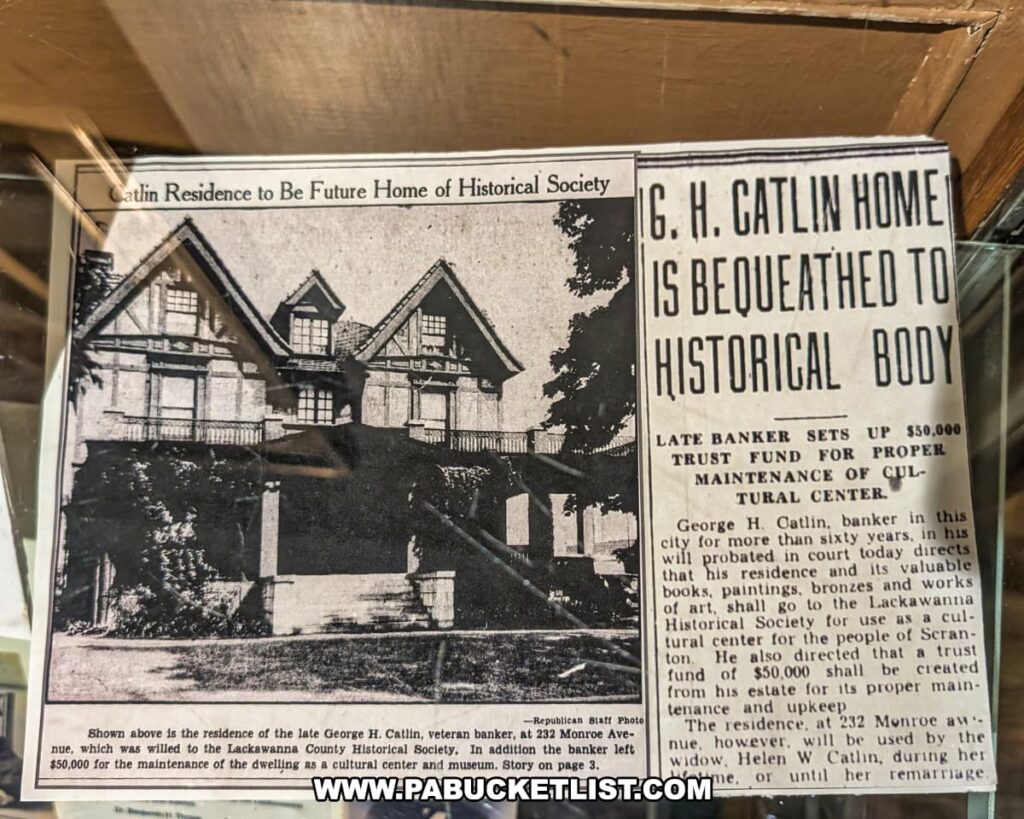 Historic newspaper clipping on display at the Lackawanna Historical Society Museum in Scranton, Pennsylvania, announcing that George H. Catlin’s residence was bequeathed to the society. The article describes how Catlin, a prominent banker, left both his home and a $50,000 trust fund for its upkeep as a cultural center and museum, ensuring the preservation of one of Scranton’s architectural and historical landmarks.