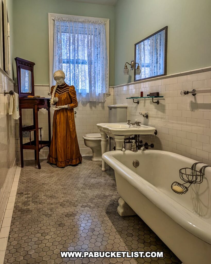 Period-style bathroom exhibit inside the Catlin House, home of the Lackawanna Historical Society Museum in Scranton, Pennsylvania. The restored room features a vintage clawfoot bathtub, pedestal sink, and hexagonal tile floor, with a mannequin dressed in a gold Victorian gown standing beside a wooden vanity under a lace-curtained window, illustrating early 20th-century domestic life.